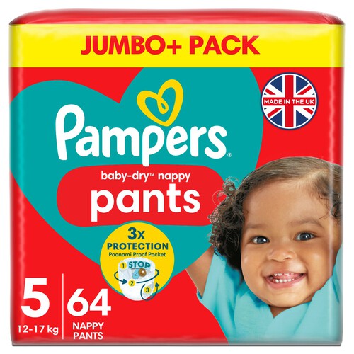 Pampers Baby-Dry Nappy Pants Size 5, 64 Nappies, 12kg - 17kg, Jumbo+ Pack