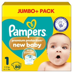 Pampers Premium Protection New Baby Size 1, 80 Nappies, 2kg-5kg, Jumbo+ Pack
