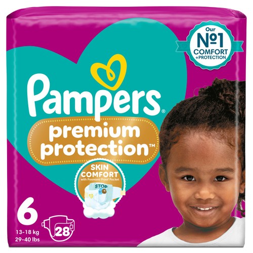 Pampers Premium Protection Size 6, 28 Nappies, 13kg+, Essential Pack