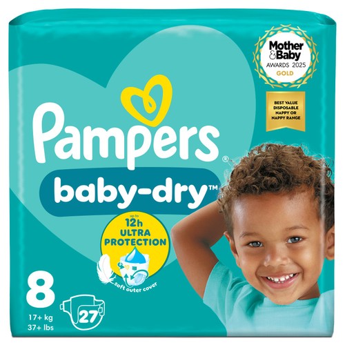 Pampers Baby-Dry Size 8, 27 Nappies, 17kg+, Essential Pack