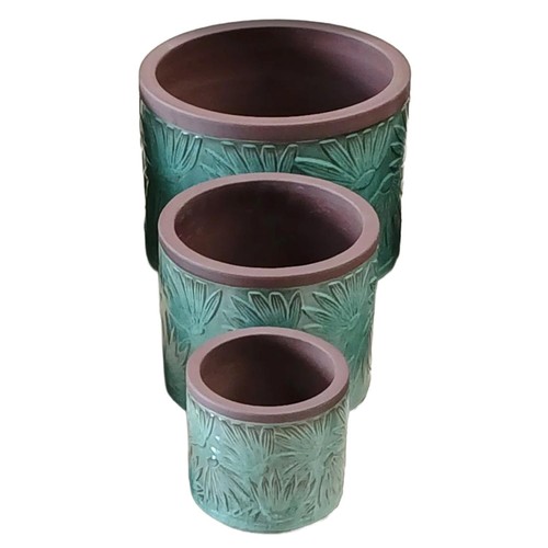 Nutmeg Green Floral Set Of 3 With Choc Rim Pot Planters