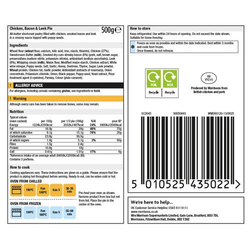 Morrisons The Best Chicken, Bacon & Leek Pie 500g
