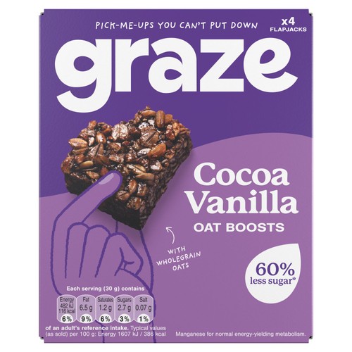 Graze Cocoa & Vanilla Oat Boost Flapjack Snack Bars 4 x 30g