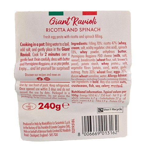 Scoiattolo Spinach & Ricotta Giant Pasta