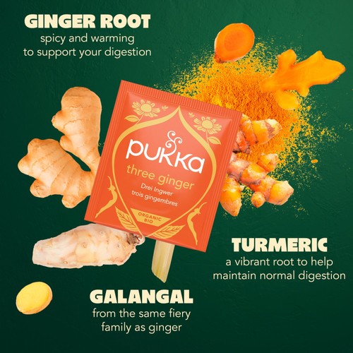 Pukka Three Ginger, Organic Herbal Tea with Galangal & Turmeric, 20 Sachets