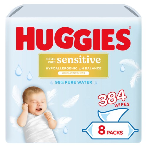 Huggies Pure Extra Care Sensitive Plastic Free Baby Wipes 8 x 48 Pack