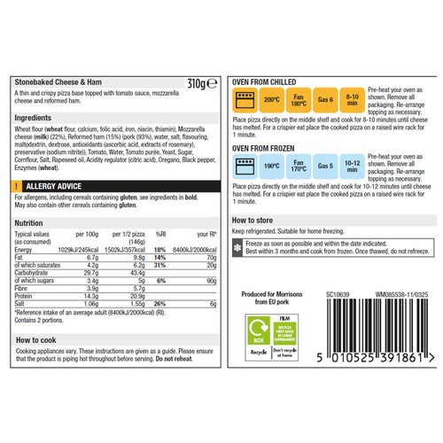 Morrisons Stonebaked Pizza Cheese And Ham 310g
