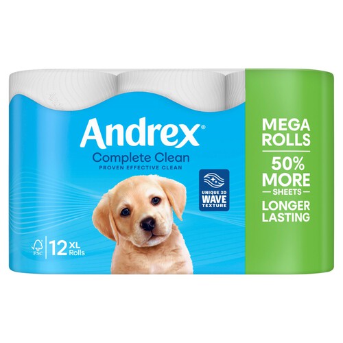 Andrex Complete Clean Toilet Tissue 12 Mega Rolls 50% More Sheets 