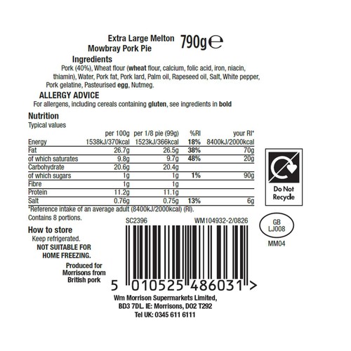 Morrisons Extra Large Melton Mowbray Pork Pie 790g