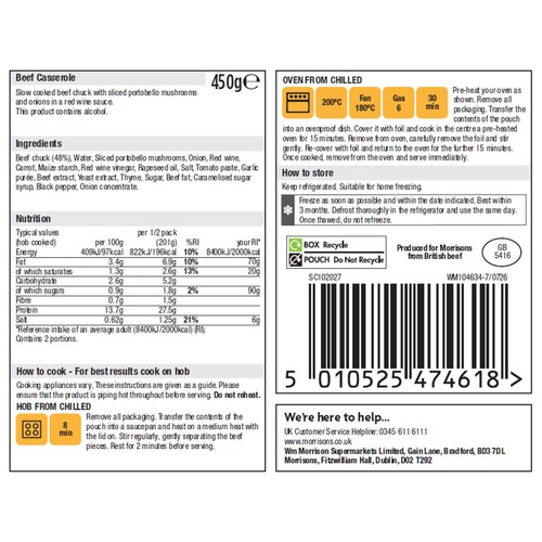 Morrisons Slow Cooked Beef And Red Wine Casserole 450g