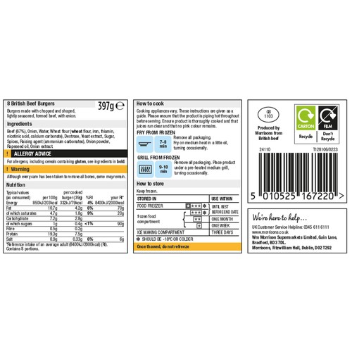 Morrisons Savers 8 British Beef Burgers 397g