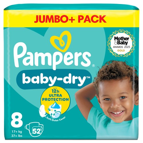 Pampers Baby-Dry Size 8, 52 Nappies, 17kg+, Jumbo+ Pack