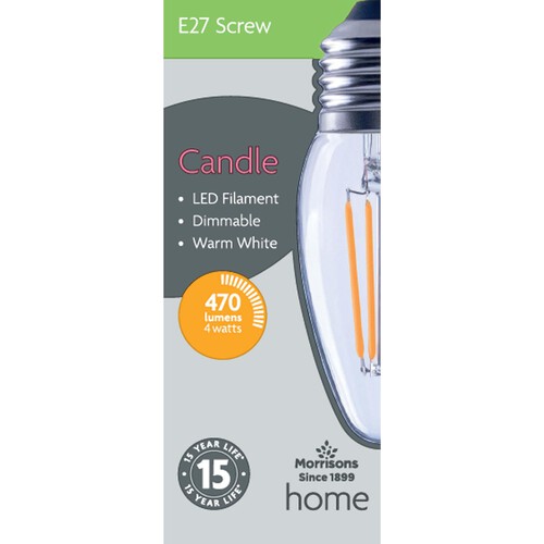 Morrisons LED Filament Candle 470 Lumens Es 4W Dimmable Light Bulb 