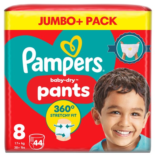 Pampers Baby-Dry Nappy Pants Size 8, 44 Nappies, 19kg+, Jumbo+ Pack
