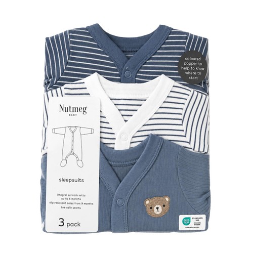 Nutmeg Size 0-1 Month Blue 3 Pack Baby Gingham Sleepsuit