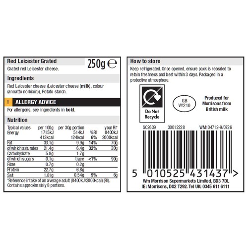 Morrisons Grated Red Leicester 250g