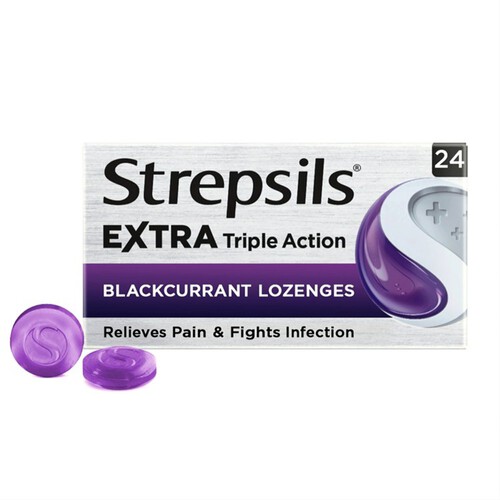 Strepsils Extra Medicated Sore Throat Lozenges Triple Action Blackcurrant 