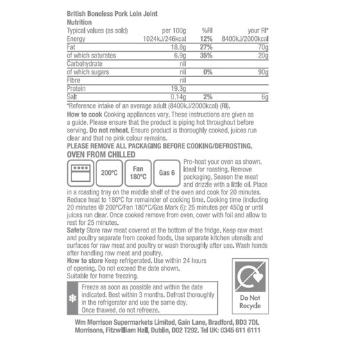 Morrisons Boneless Pork Loin Joint Medium 1Kg