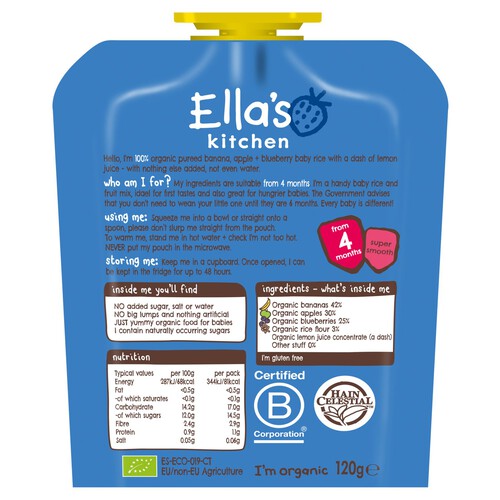 Ella's Kitchen Bananas and Blueberries Baby Rice Baby Food Pouch 4+ Months