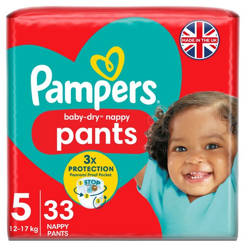 Pampers Baby-Dry Nappy Pants Size 5, 33 Nappies, 12kg - 17kg Essential Pack