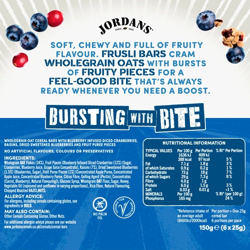 Jordans Frusli Juicy Blueberry Chewy Oat Cereal Bars 6 x 25g