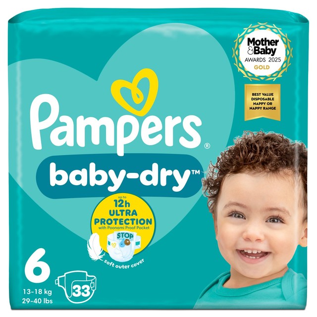 Pampers Baby-Dry Size 6, 33 Nappies, 13kg-18kg, Essential Pack