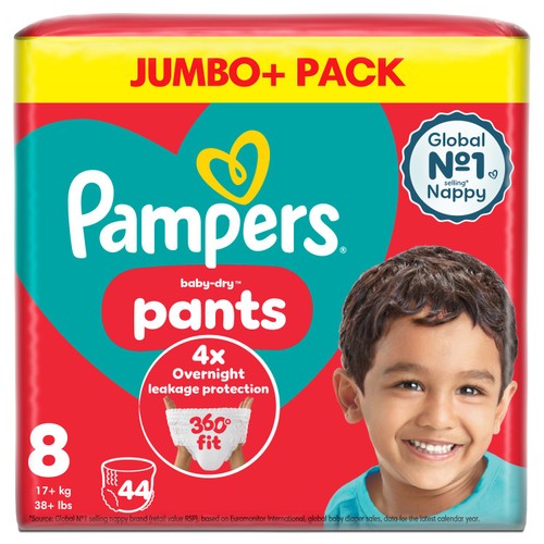 Pampers Baby-Dry Nappy Pants Size 8, 44 Nappies, 19kg+, Jumbo+ Pack