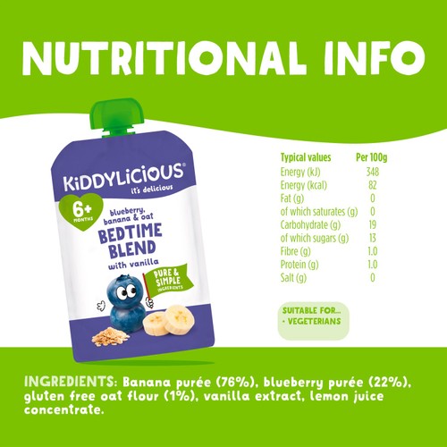 Kiddylicious Blueberry, Banana & Oat Bedtime Blend Vanilla Pouch 