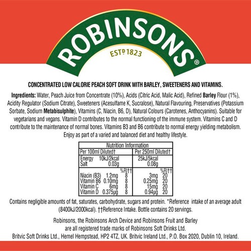 Robinsons Fruit & Barley With Vitamins No Added Sugar Peach Squash 1L