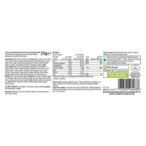 Morrisons The Best Pork & Smoked Bacon Extra Large Sausage Rolls 270g