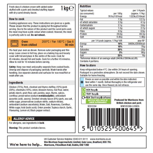 Morrisons The Best Chicken Crown,Pork,Chestnut, & Honey Stuffing 1kg