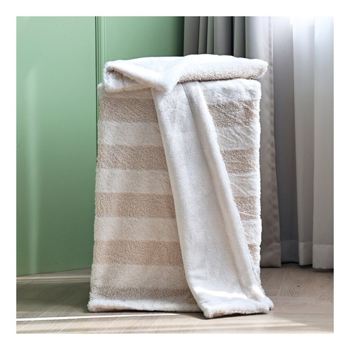 Home Style Neutral Borg And Fleece Stripe Throw 130 x 170cm