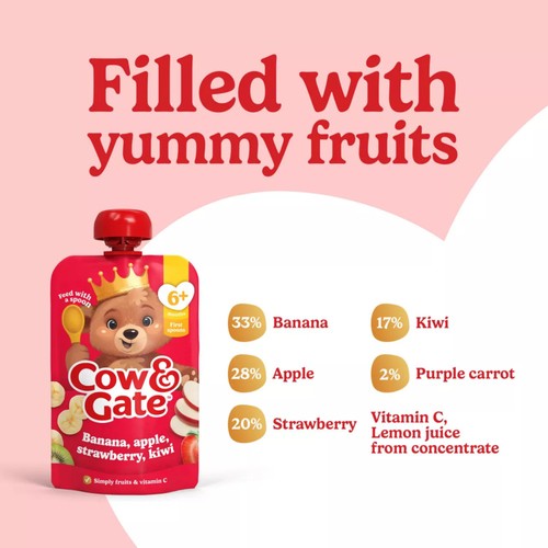 Cow&Gate Fruit Pouch Banana,Apple,Strawberry & Kiwi Baby Food 6+Months