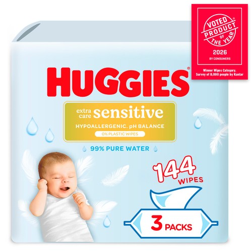 Huggies Pure Extra Care Sensitive Plastic Free Baby Wipes 3 x 48 Pack
