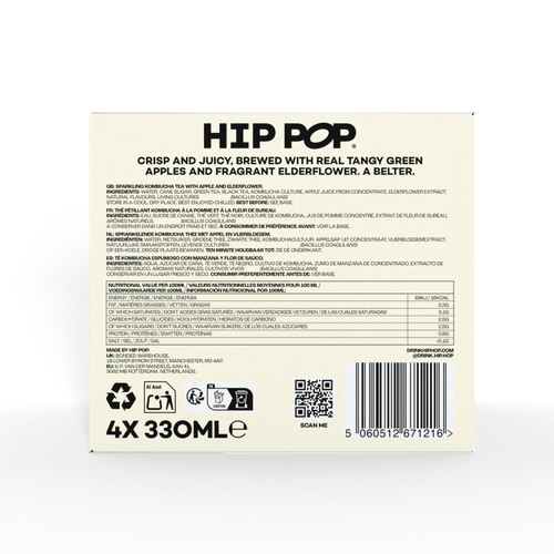 Hip Pop Apple & Elderflower Kombucha Cans   4 x 330ml