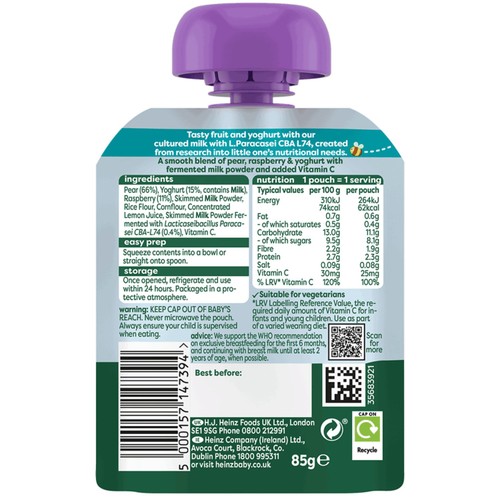Heinz Baby Pouch Stage 2 Immune Pear Raspberry And Yogurt