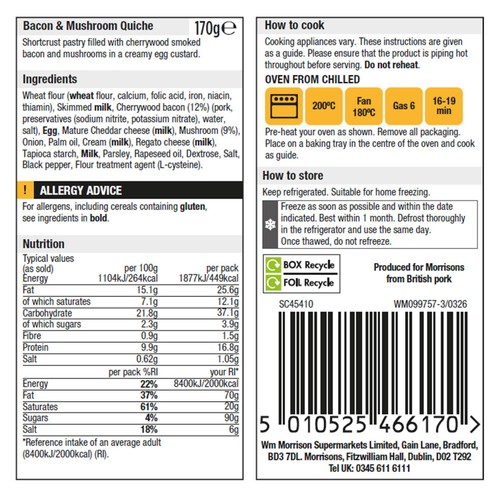Morrisons Bacon & Mushroom Quiche 170g