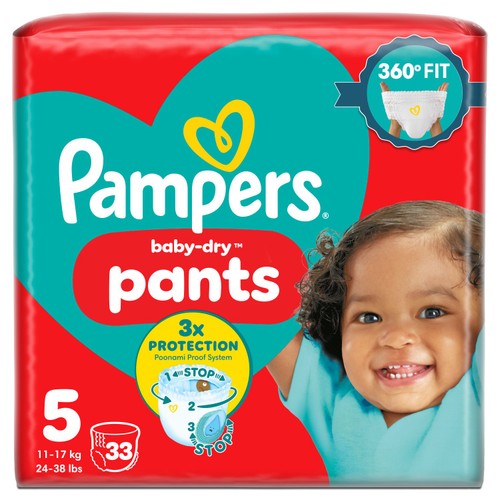 Pampers Baby-Dry Nappy Pants Size 5, 33 Nappies, 12kg - 17kg Essential Pack
