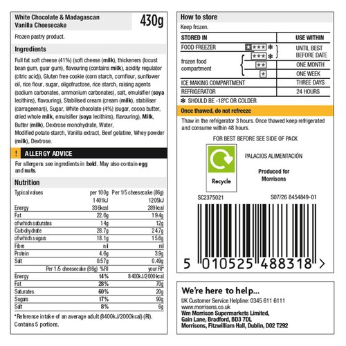 Morrisons The Best Gluten Free Vanilla Cheesecake 430g