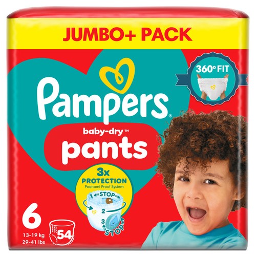 Pampers Baby-Dry Nappy Pants Size 6, 54 Nappies, 14kg - 19kg, Jumbo+ Pack