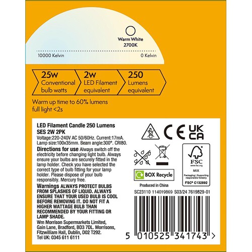 Morrisons LED Filament Candle 250 Lumens Ses 2W 