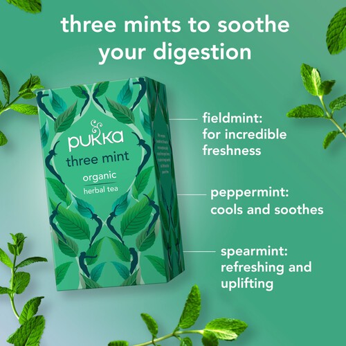 Pukka Three Mint, Organic Herbal Tea with Peppermint, Spearmint, 20 Sachets