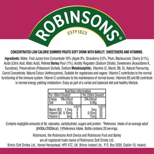 Robinsons Fruit & Barley Summer Fruits No Added Sugar Squash 1L