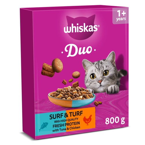 Whiskas 1+ Cat Food Complete Dry Duo Surf & Turf 800g