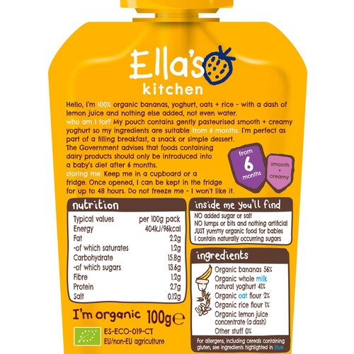 Ella's Kitchen Banana Baby Brekkie Baby Food Breakfast Pouch 6+ Months 