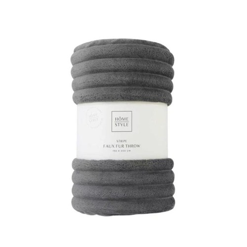 Home Style Faux Fur Striped Throw Dark Grey 150 x 200cm