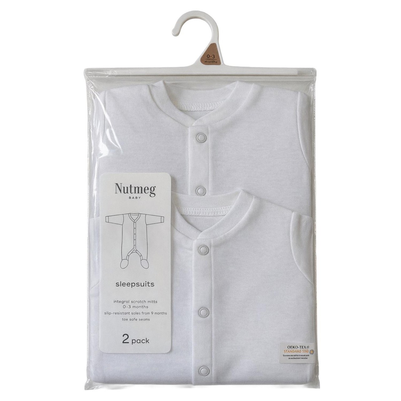Nutmeg 18-24 Months White Popper Sleepsuits 2 pack Long Sleeve
