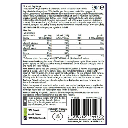Morrisons British Xl Match Day Burger With Red And Yellow Card Sauces 520g