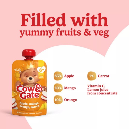 Cow & Gate Fruit Pouch Apple,Mango,Orange & Carrot Baby Food 6+Months