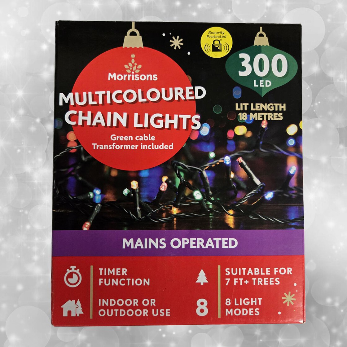 Morrisons 300 LED Mains Operated Lights Multi Colour/Green Cable